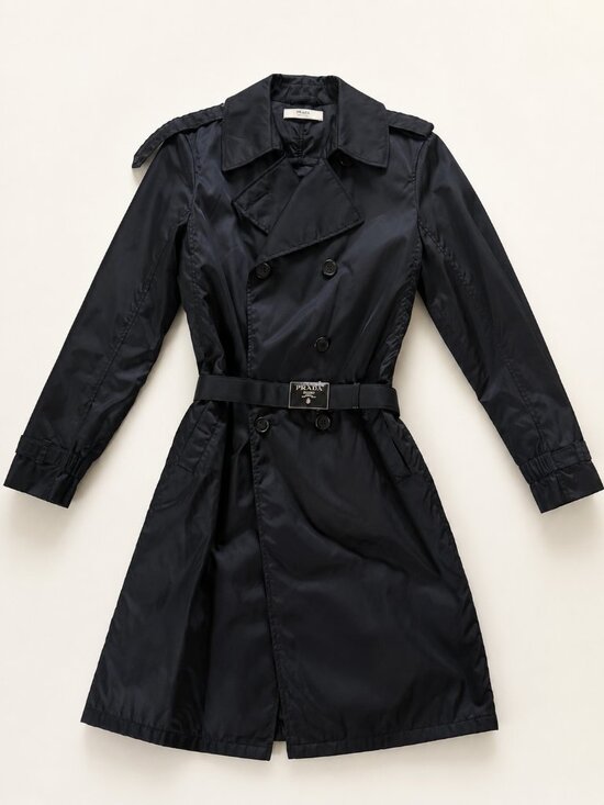 Prada Jackets & Blazers - Prada Black Double-Breasted Nylon Trench Coat with Logo Belt
